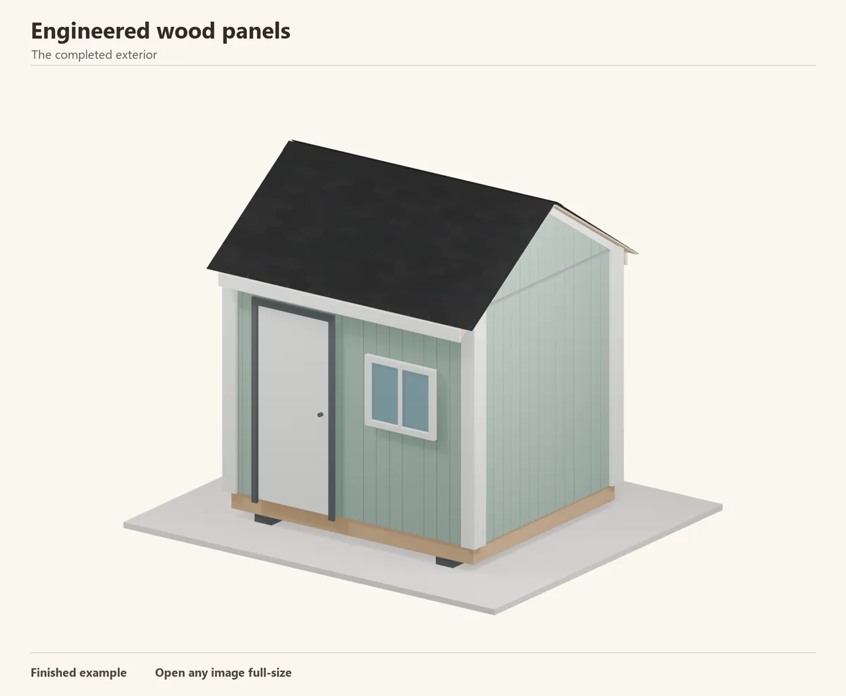 Original Blender illustration of a small shed finished with engineered wood panels. The shed is a visual example, not a dimensioned building plan.