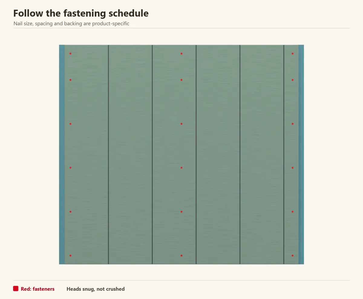 Red nail heads make the supported fixing lines visible. This is a positioning illustration, not a substitute for the panel and wind-load fastening schedule.