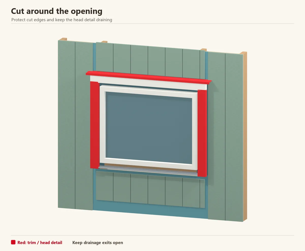 Panels and trim fitted around the flashed opening. The red head flashing projects beyond the trim to discharge water; cutout edges need coating.