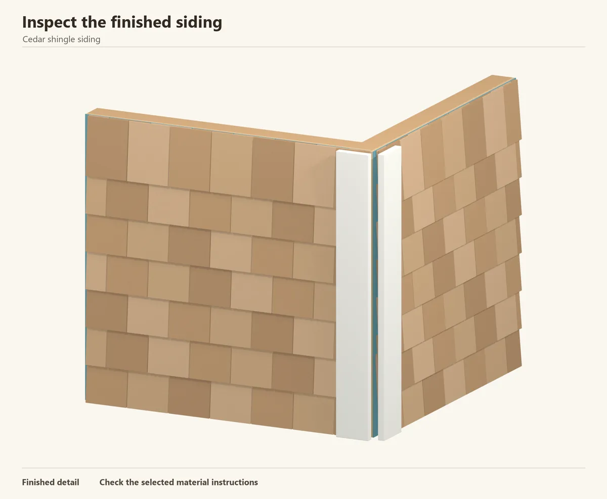 Finished cedar shingle courses at a trimmed corner. Check keyways, cut pieces and the base before cleaning up.