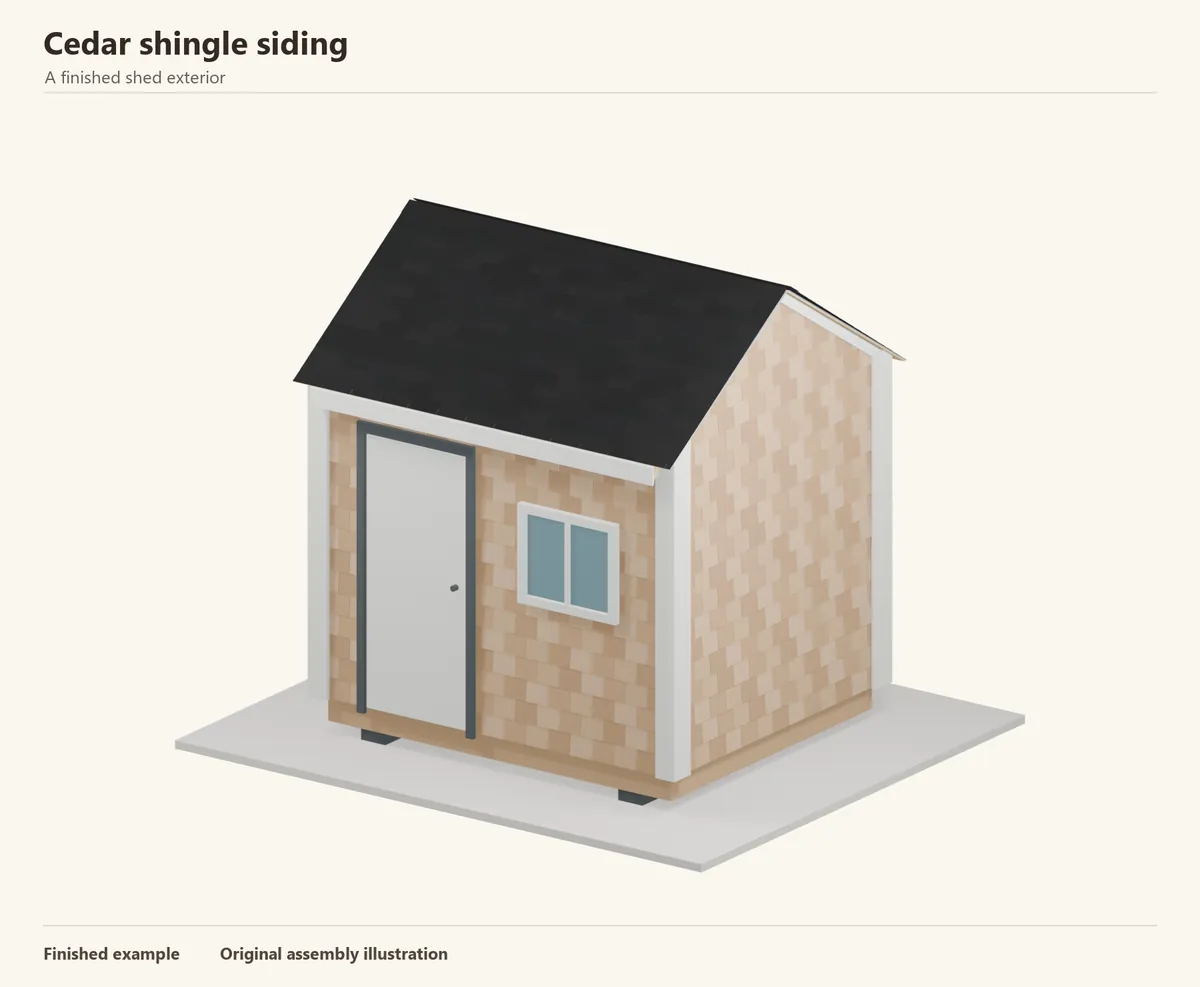 A finished shed with cedar shingle siding and a shingled gable roof. An illustrative exterior, not a dimensioned building plan.
