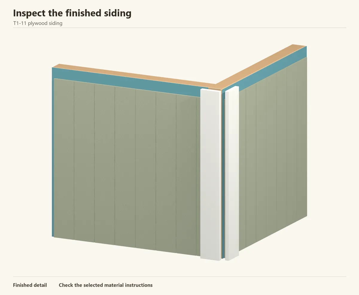 Finished plywood siding at a trimmed corner. Inspect cut edges, the coating, joints and drainage clearances.