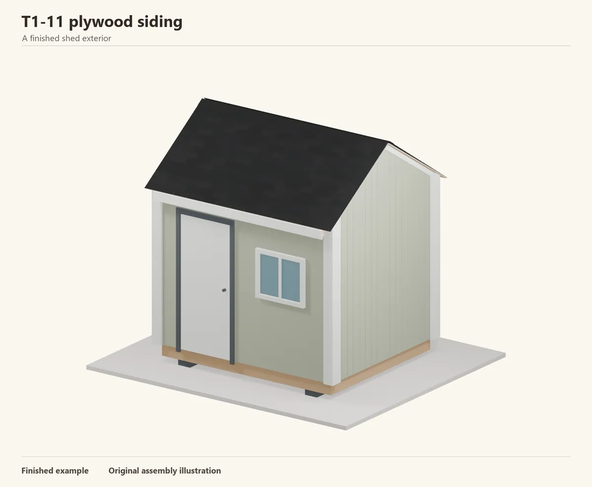 A finished shed with t1-11 plywood siding and a shingled gable roof. An illustrative exterior, not a dimensioned building plan.