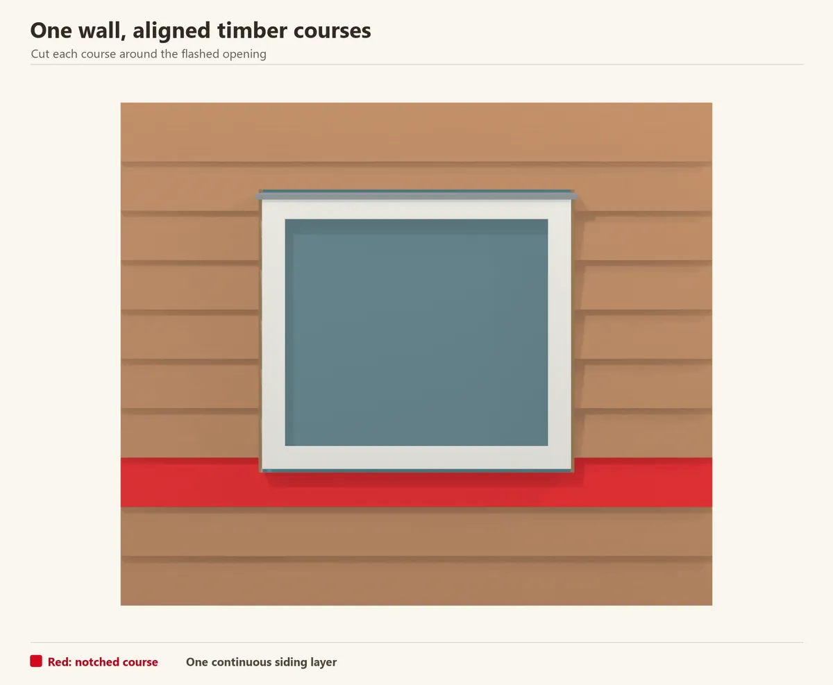 Straight-on view of one layer of timber lap. The red notched course continues beneath the sill; the other courses share the same level datum. White casing and the metal head flashing remain visible.