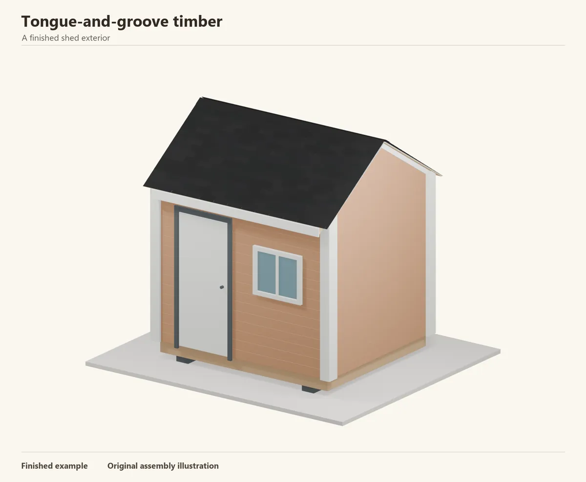 A finished shed with tongue-and-groove timber and a shingled gable roof. An illustrative exterior, not a dimensioned building plan.