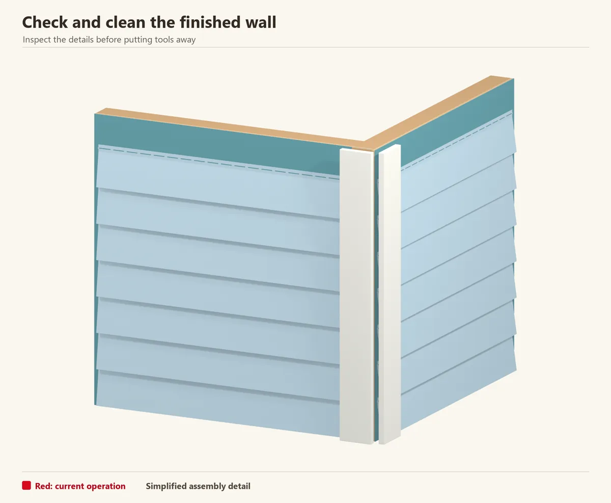 Finished siding at a corner. Check fasteners, joints, trims and water exits before cleaning the surface.