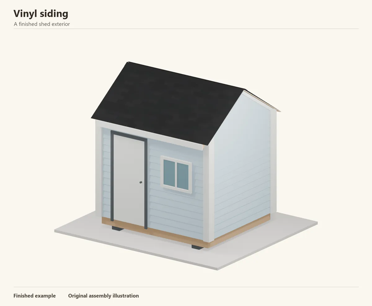 A finished shed with vinyl siding and a shingled gable roof. An illustrative exterior, not a dimensioned building plan.