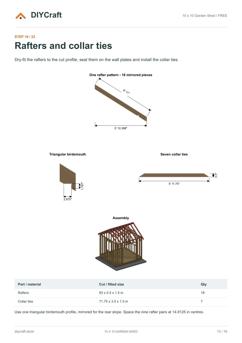 Rafters and collar ties: Free page 13: one rafter pattern and roof assembly from the free PDF