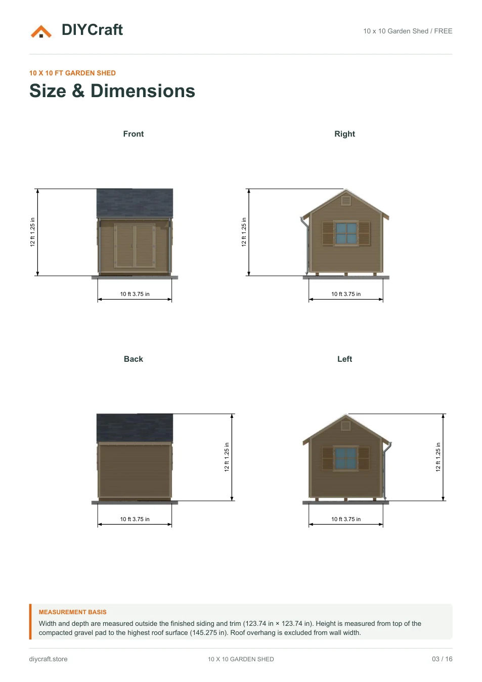 Size and dimensions: Free page 3: all four elevations from the free PDF