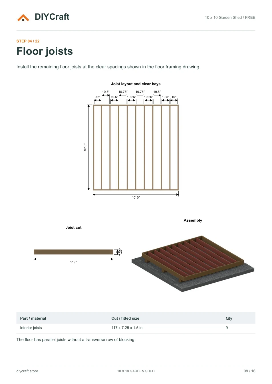 Floor joists: Free page 8: clear joist bays, cut and 3D assembly from the free PDF
