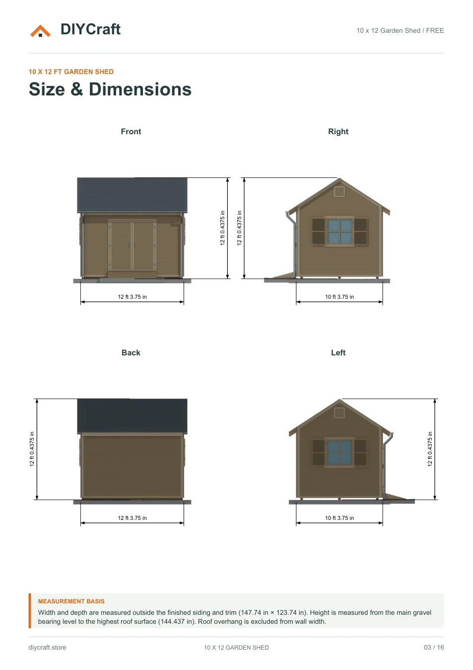 Size and dimensions: Free page 3: all four elevations from the free PDF