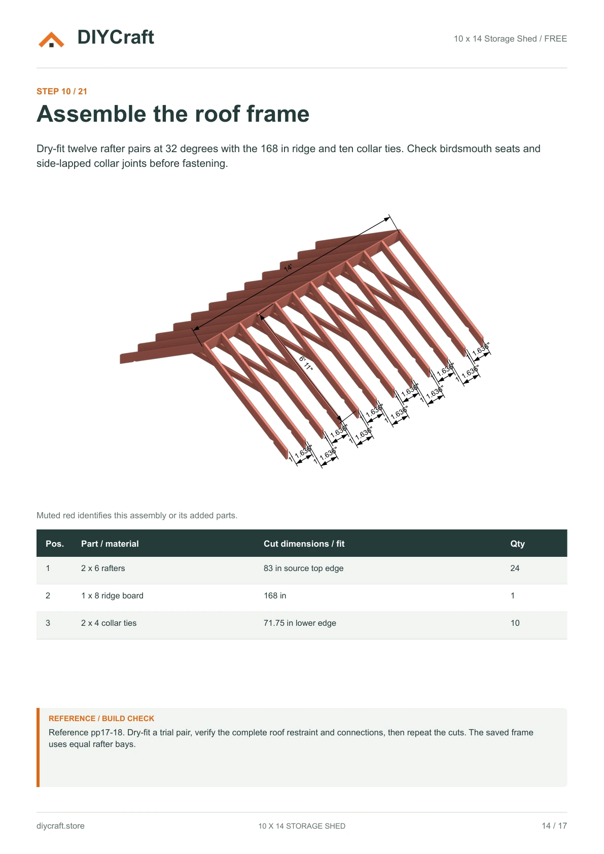 Roof frame: Free page 14: rafter pairs and collar ties from the free PDF