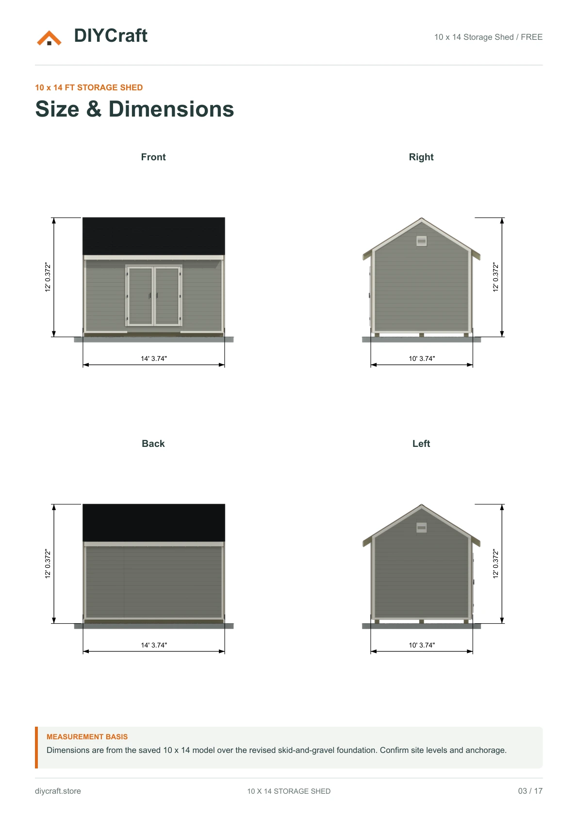 Size and dimensions: Free page 3: front, right, rear and left views from the free PDF