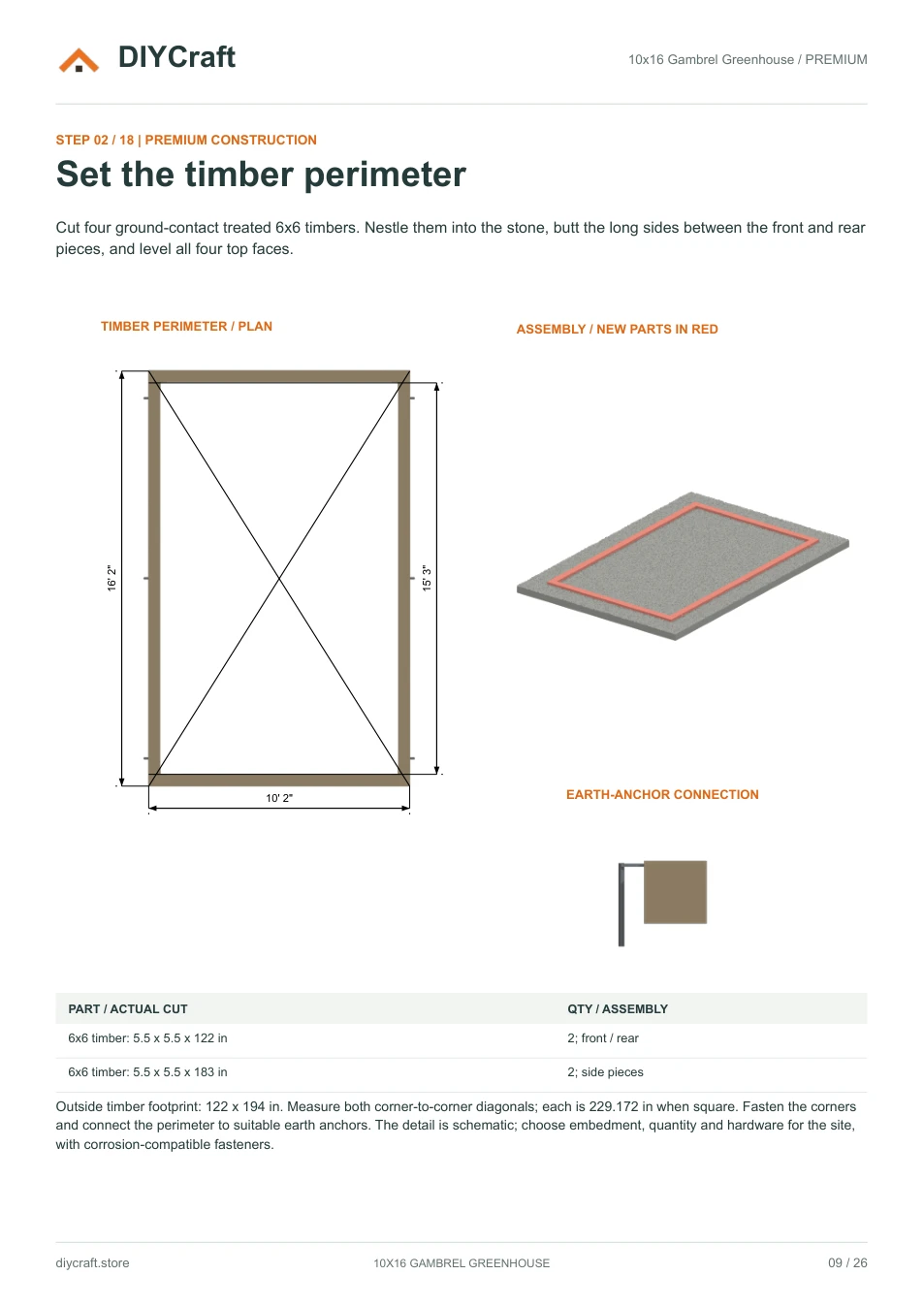 Timber perimeter and anchoring: Premium page 9: base layout, diagonal checks and anchor connection