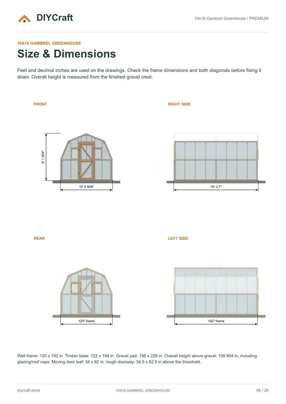 Size and dimensions: Premium page 6: four greenhouse elevations and footprints