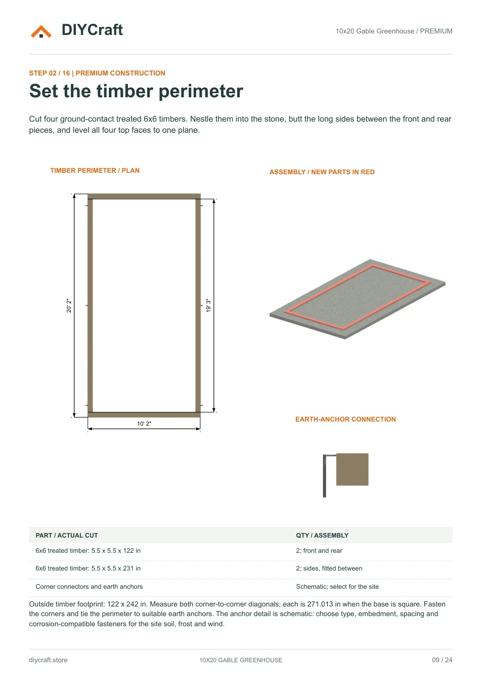 Timber perimeter and anchoring: Premium page 9: base layout, diagonal checks and anchor connection