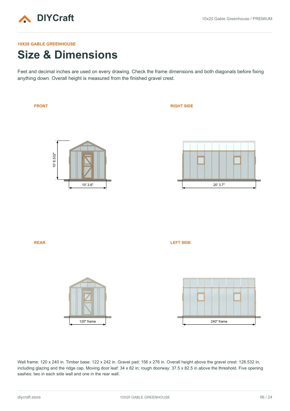 Size and dimensions: Premium page 6: four greenhouse elevations and footprints