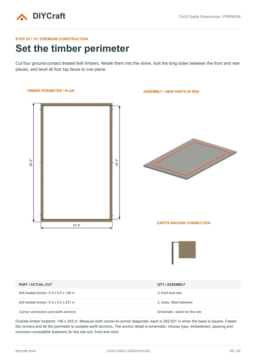 Timber perimeter and anchoring: Premium page 9: base layout, diagonal checks and anchor connection