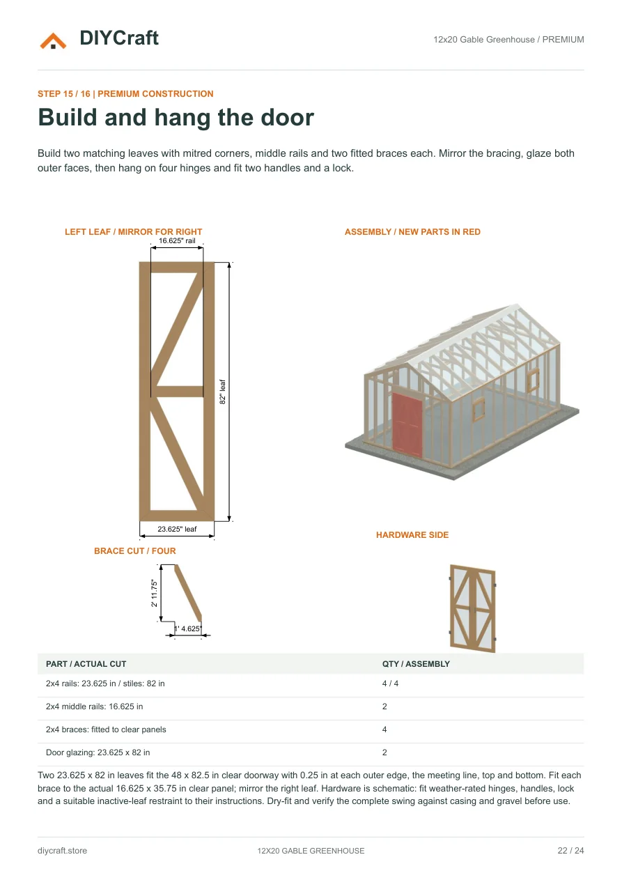 Double-door assembly: Premium page 22: leaf dimensions, fitted braces and double doors