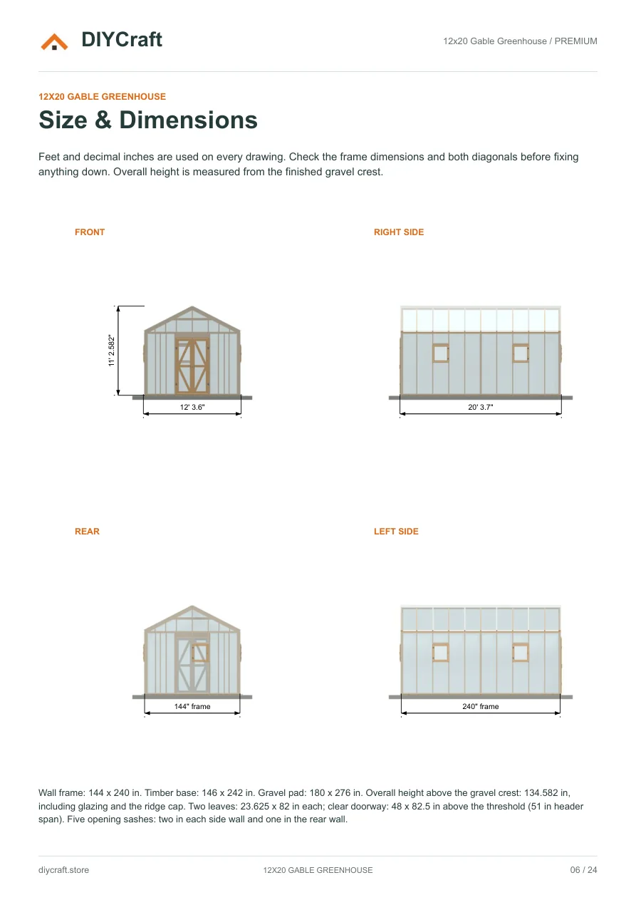 Size and dimensions: Premium page 6: four greenhouse elevations and footprints