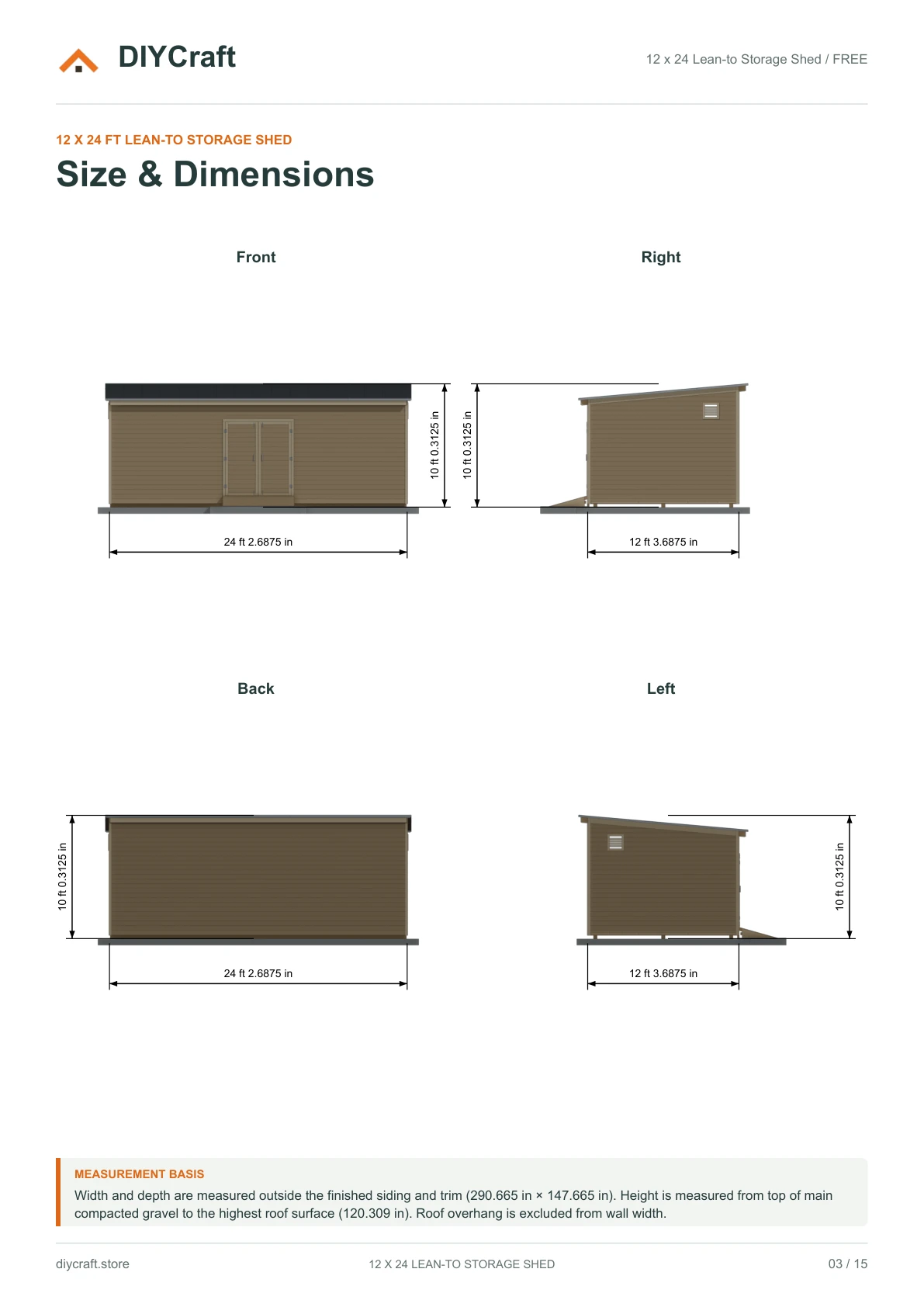 Size and dimensions: Free page 3: four shed elevations