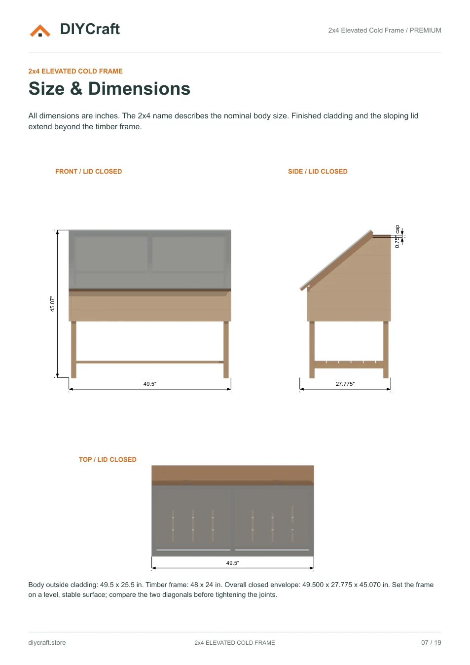 Size and dimensions: Premium page 7: overall closed-frame dimensions