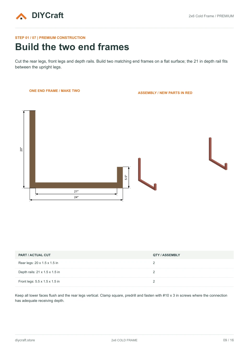End frames: Premium page 9: upright and crosspiece cuts and assembly