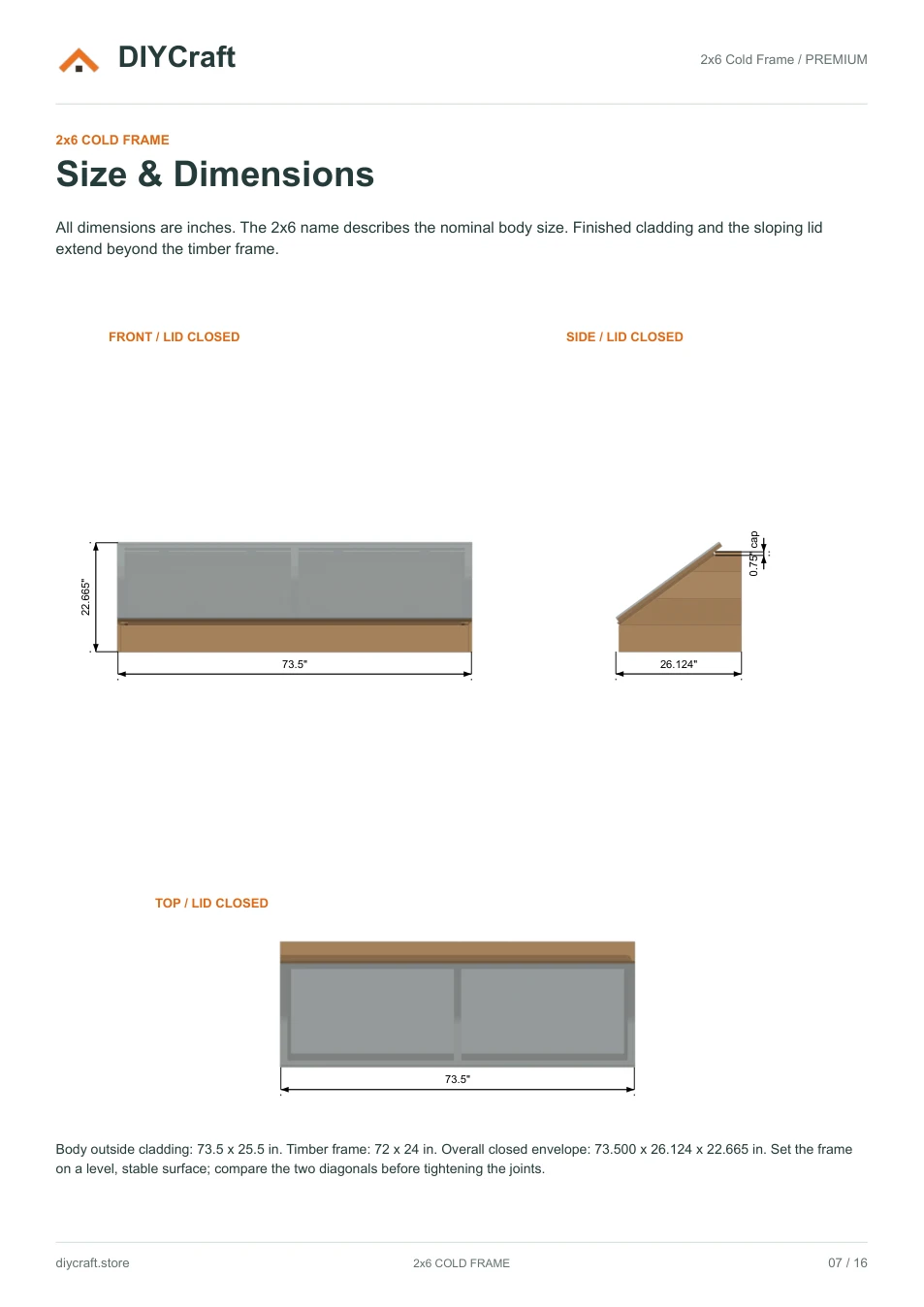 Size and dimensions: Premium page 7: overall closed-frame dimensions