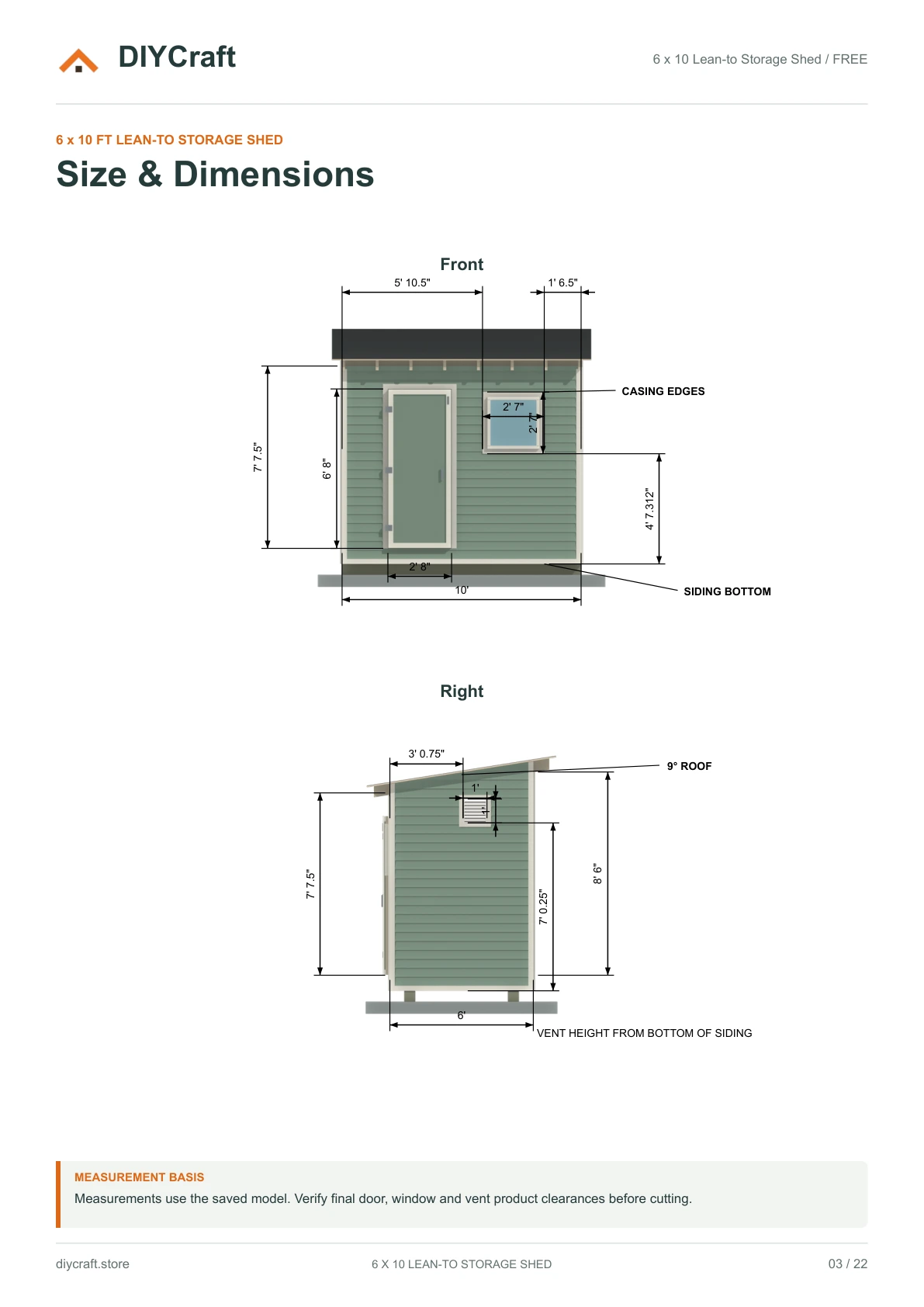 Size and dimensions: Free page 3: front and right views from the free PDF
