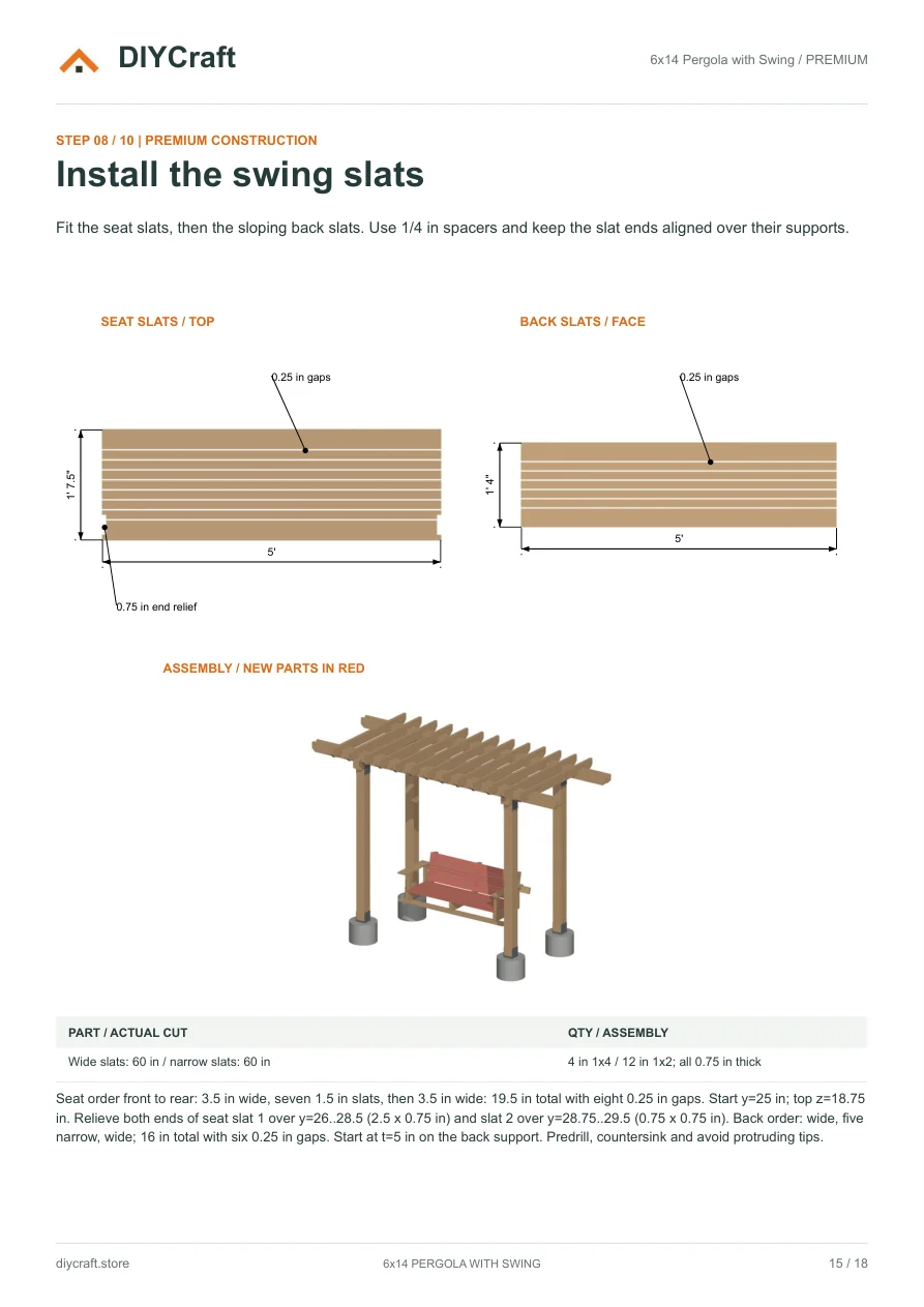 Swing slats: Premium page 15: seat and back slats, gaps and assembly