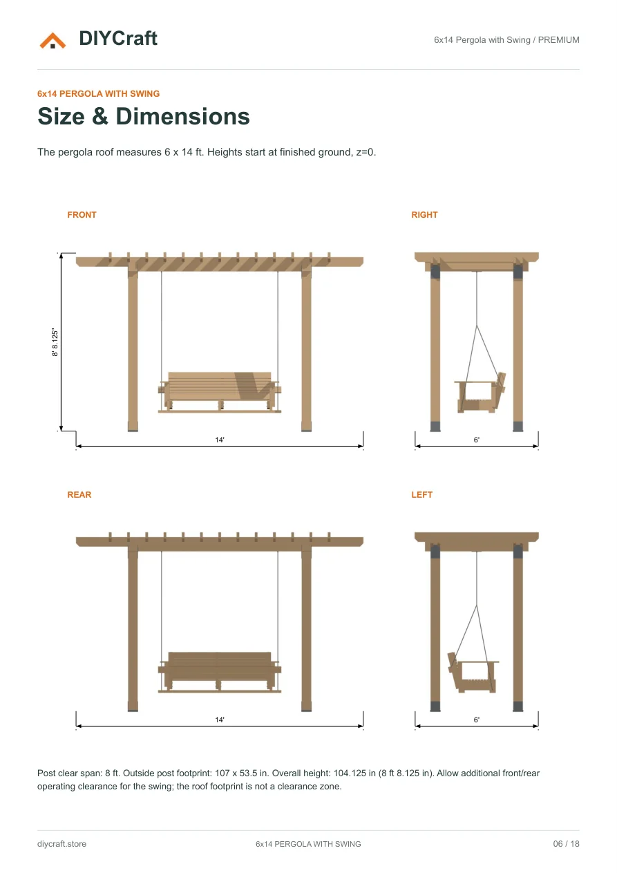 Size and dimensions: Premium page 6: four elevations and roof footprint