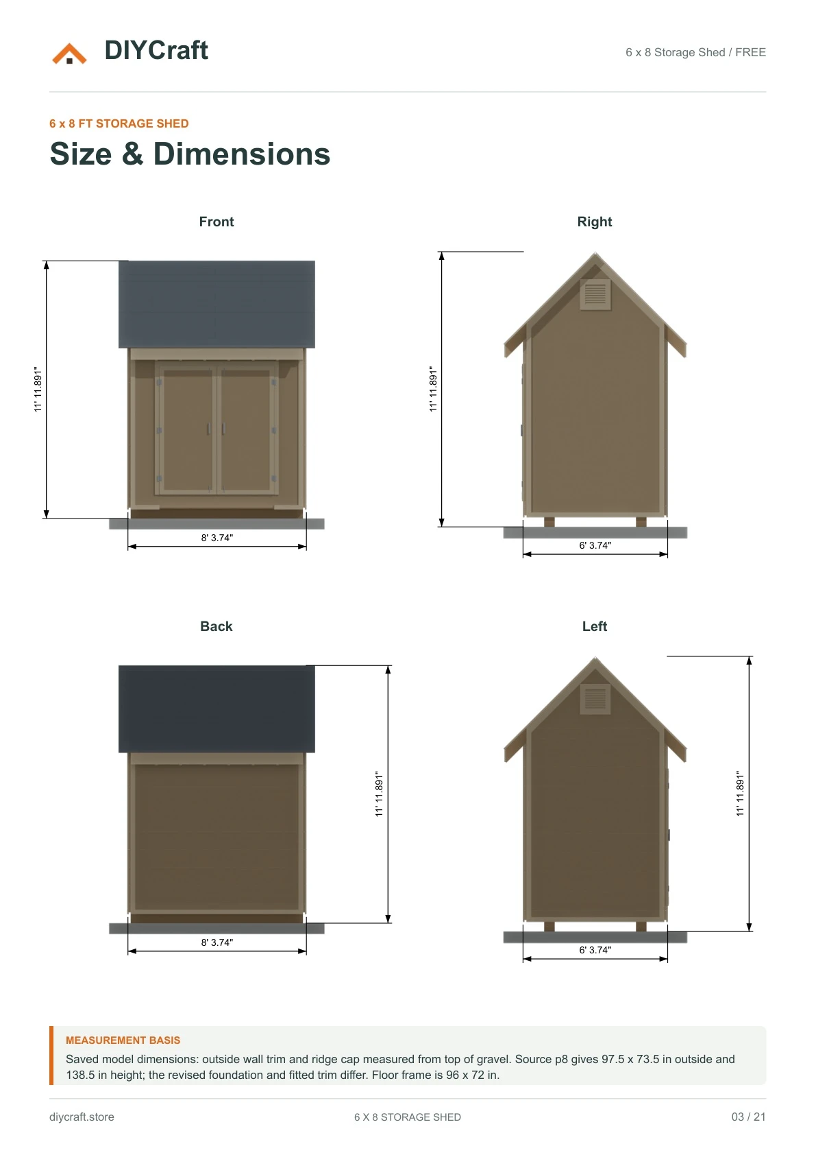 Size and dimensions: Free page 3: front, right, rear and left views from the free PDF