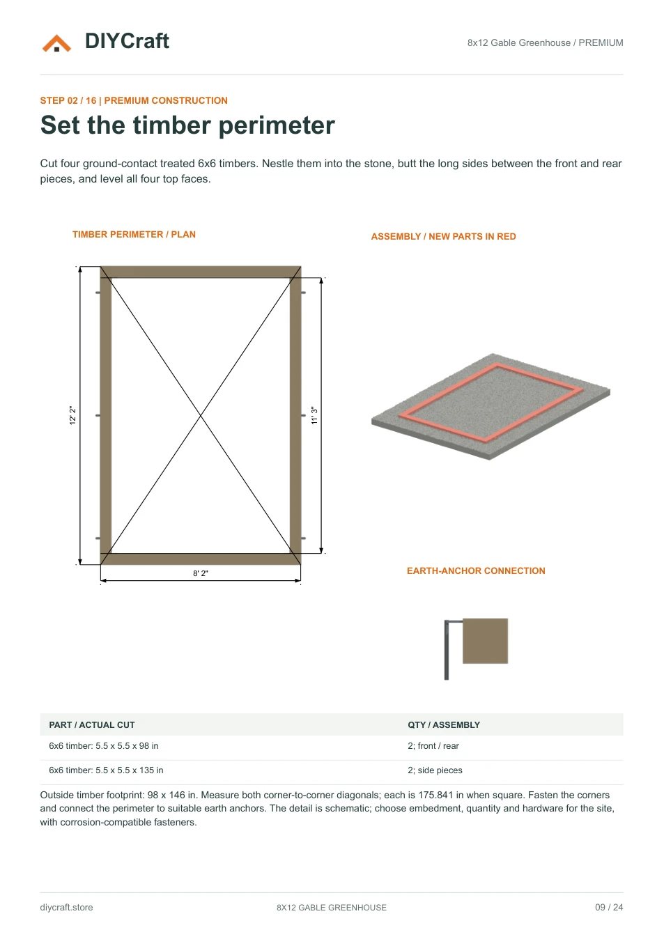Timber perimeter and anchoring: Premium page 9: base layout, diagonal checks and anchor connection