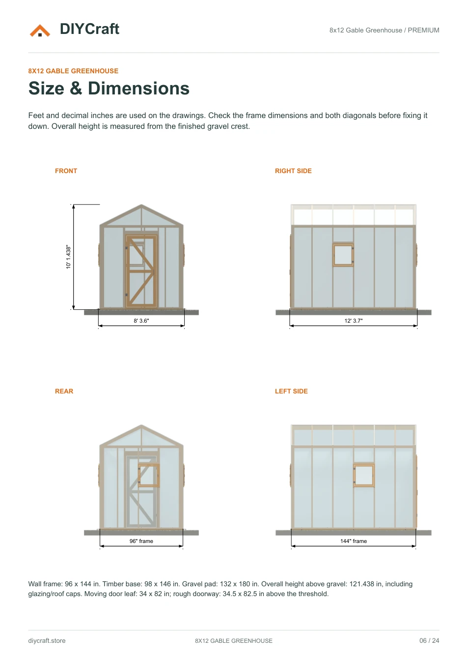 Size and dimensions: Premium page 6: four greenhouse elevations and footprints