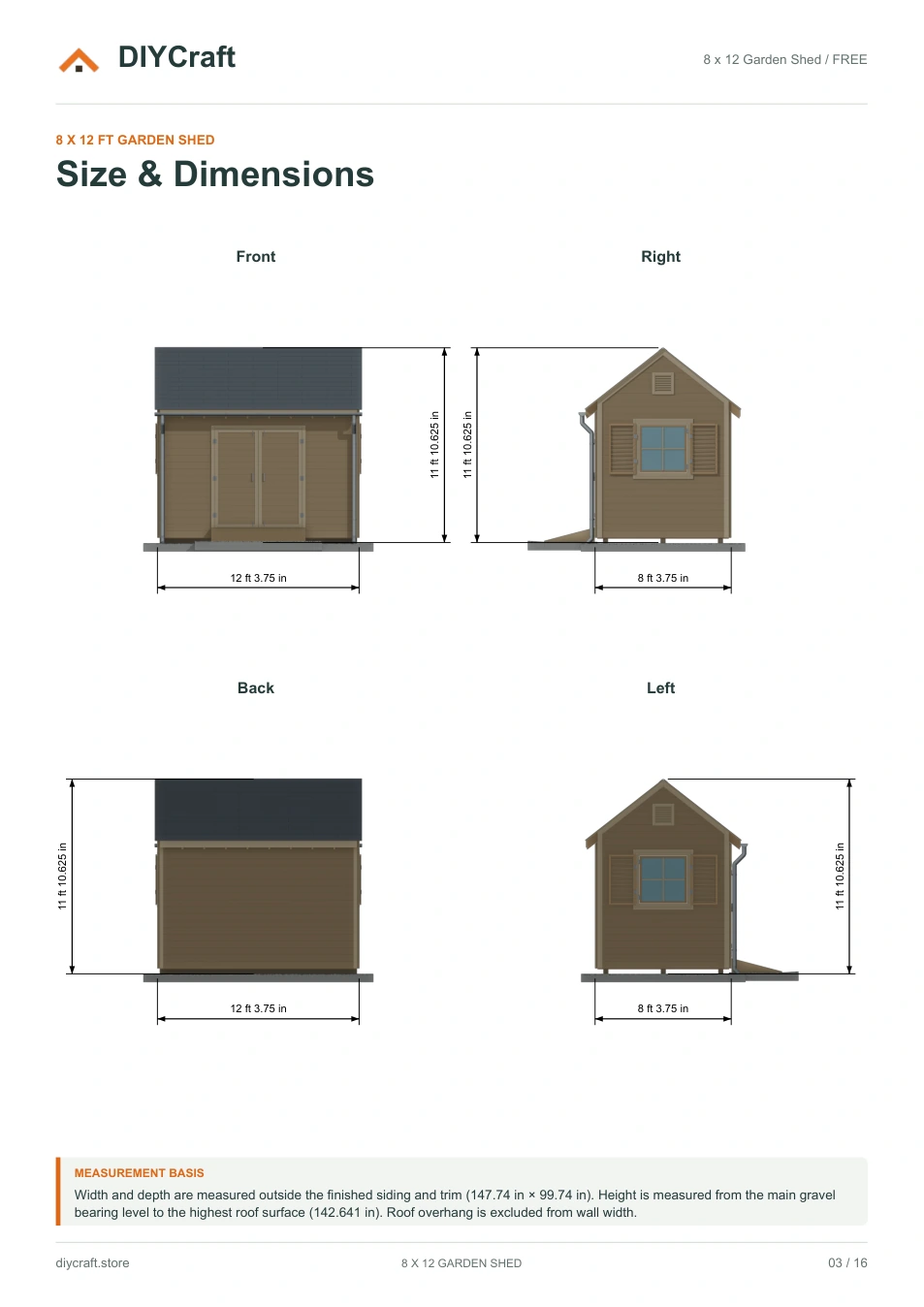 Size and dimensions: Free page 3: all four elevations from the free PDF