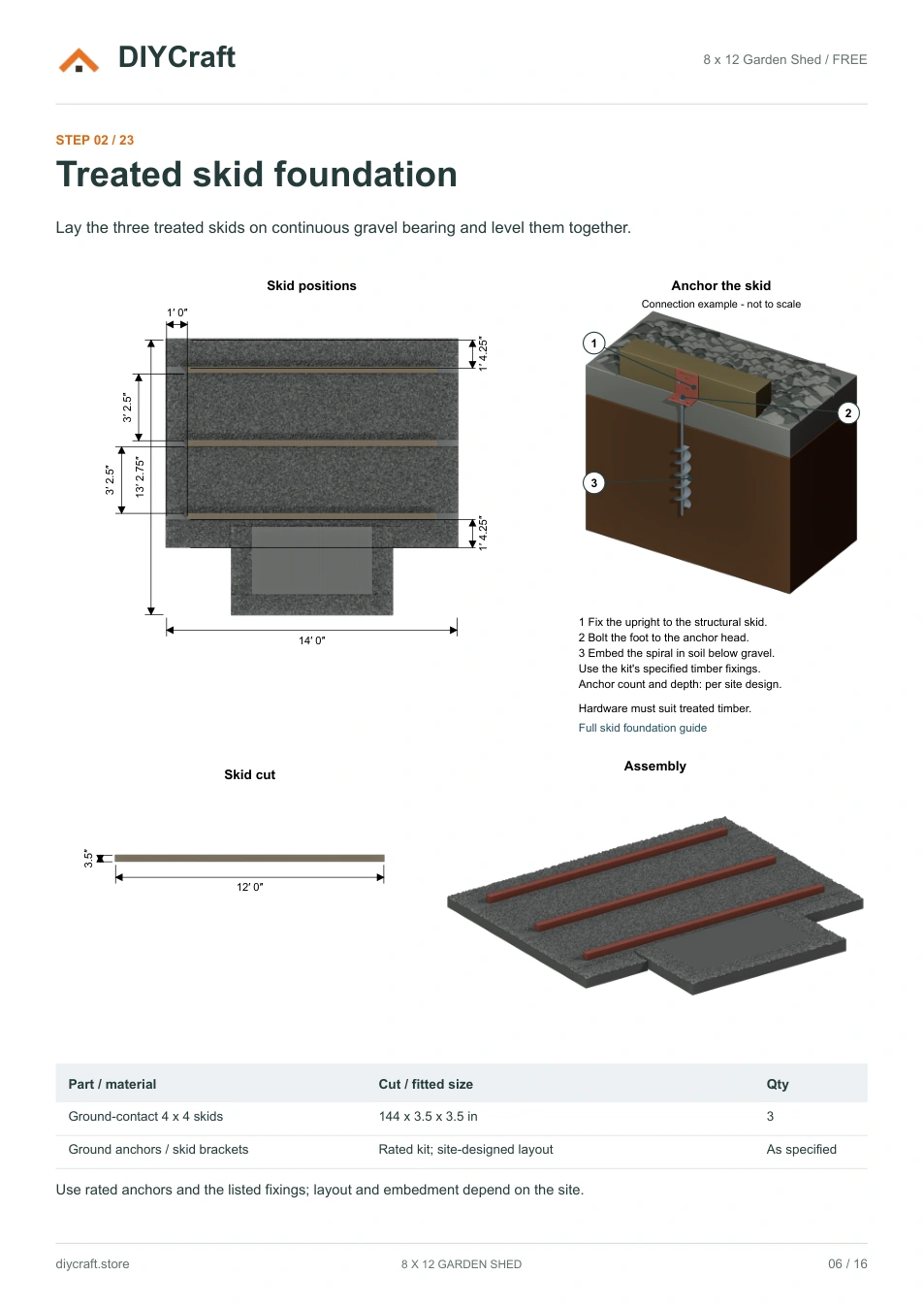 Treated skid foundation: Free page 6: skid layout, cuts and anchoring example from the free PDF