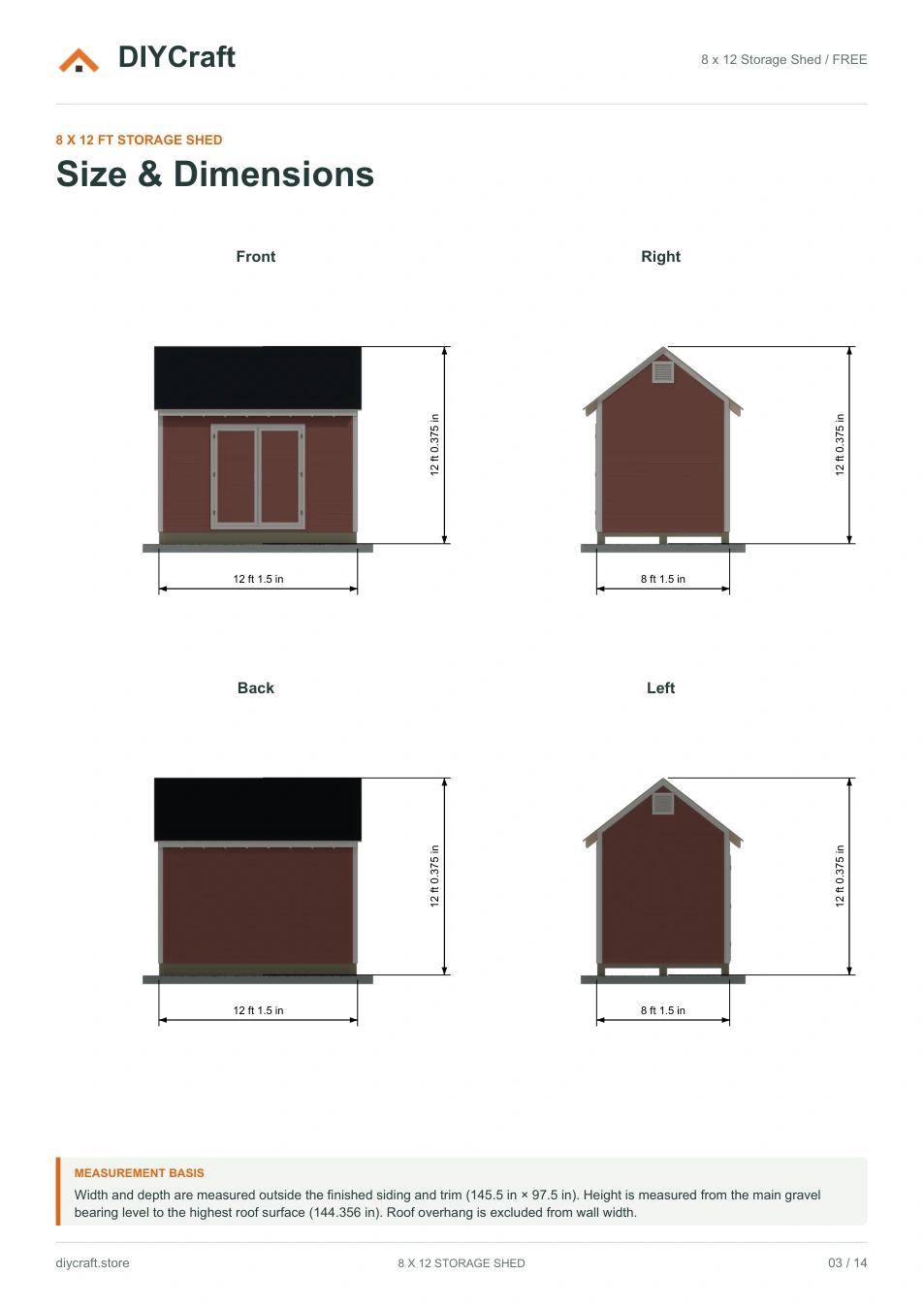 Size and dimensions: Free page 3: all four elevations from the free PDF