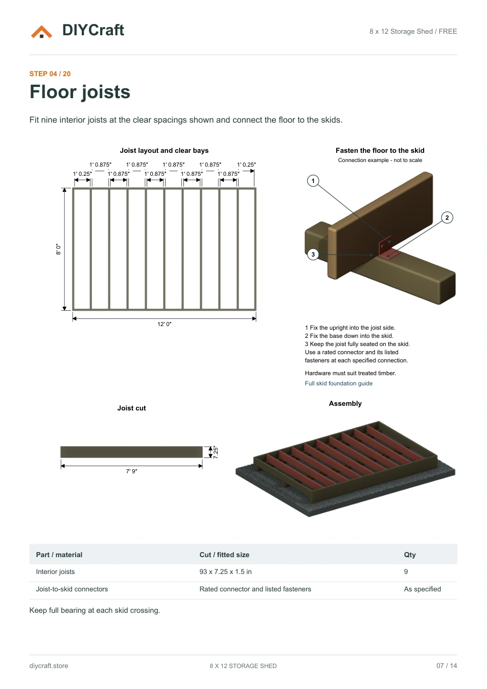Floor joists and skid connection: Free page 7: joist bays, cuts and skid connection example from the free PDF