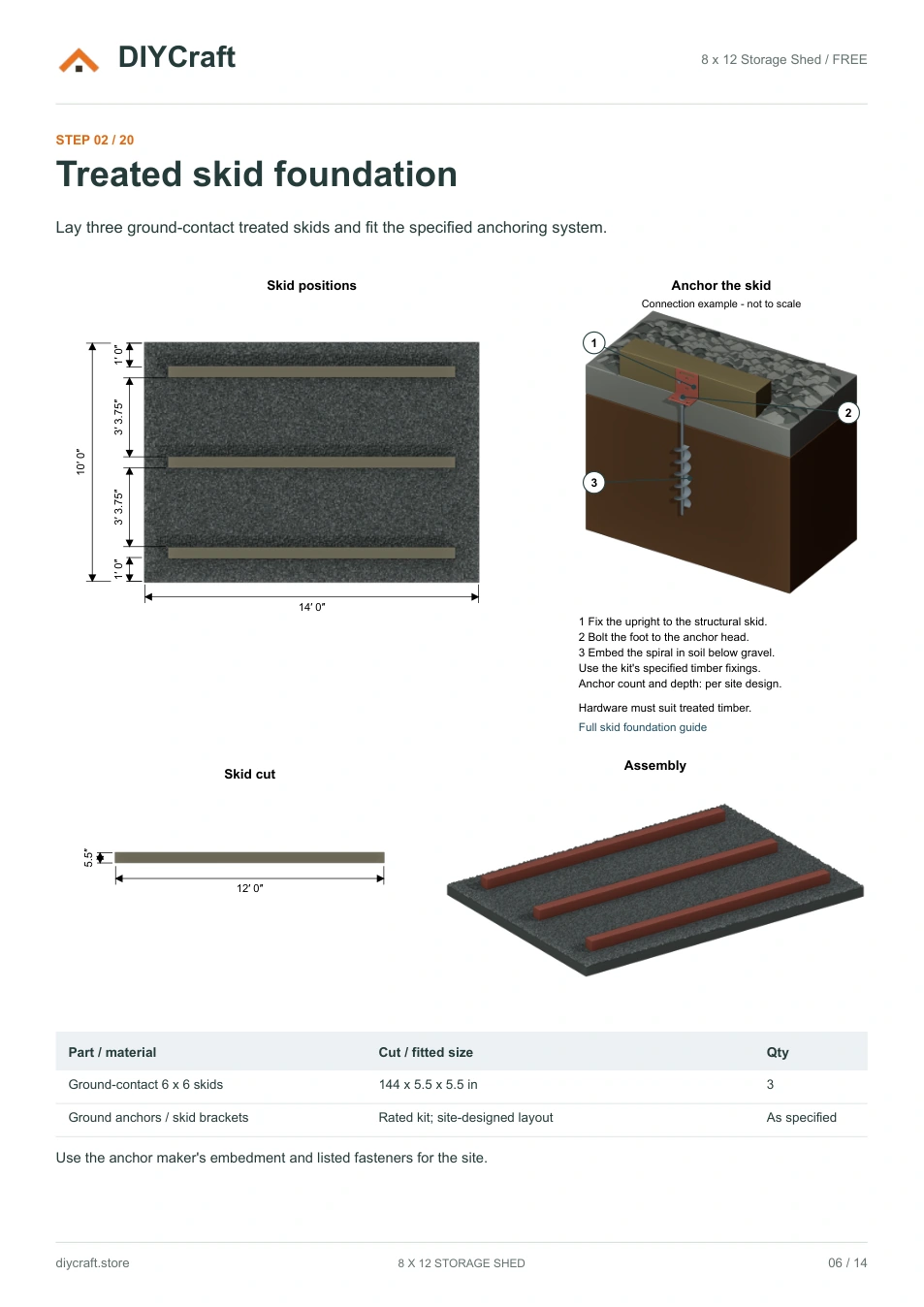 Treated skid foundation: Free page 6: skid layout, cuts and anchoring example from the free PDF