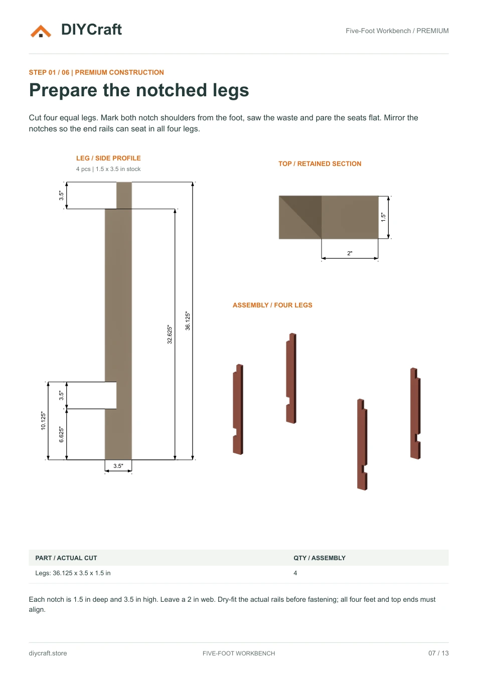 Notched legs: Premium page 7: leg cuts and first assembly step