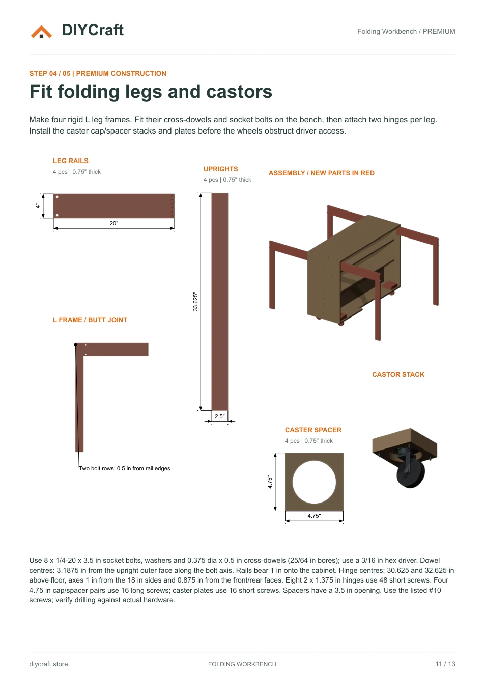 Folding legs and castors: Premium page 11: leg cuts, joints, caster stack and assembly