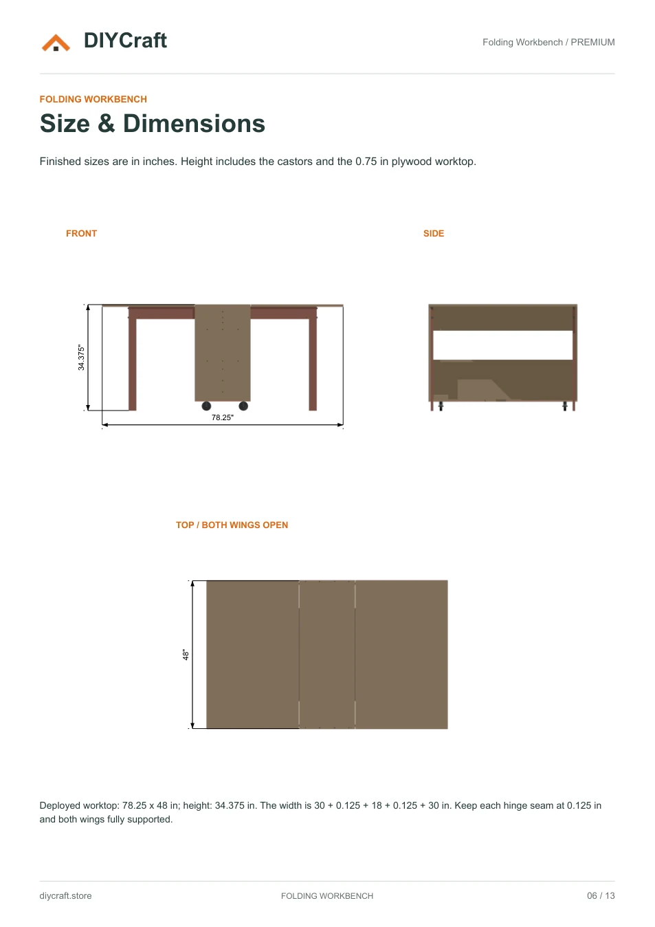 Size and dimensions: Premium page 6: deployed workbench dimensions